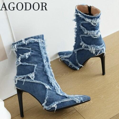 AGODOR Women Blue Denim Ankle Boots Pointy Toe High Heel Zipper Booties Woman Shoes High Heels Sexy Stiletto Winter Booties