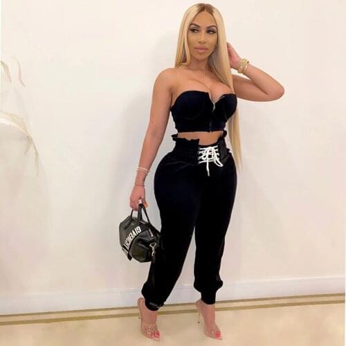 Womens Summer Suitcasual Bandage Strapless Track Suit Women Clothing Outfits Twopiece Set Zipper Sexy Tube Top Lace-Up Pant Sets