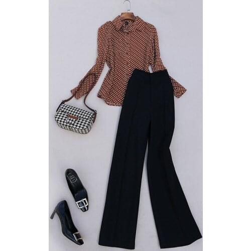 Spring Summer Chic Women Shirt Pants Set Office Lady Popular Prints Top + High Waist Wide Leg Trousers