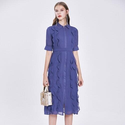 High Quality Women Elegant Solid Party Holiday Dress New 2021 Summer Turn-Down Collar Ruffles Mid-Calf Chiffon Shirt Dresses