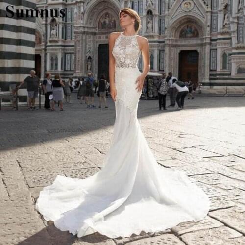 SoDigne Mermaid Wedding Dress Elegant Lace Appliques with 3D Flower Sleeveless Bridal Gowns Princess Wedding Gowns