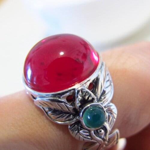 100% 925 STERLING SILVER NATURAL STONE RED CORUNDUM OPEN RINGS RUBY COLOR GREEN CHALCEDONY GEMSTONE RING FOR WOMEN FINE JEWELRY