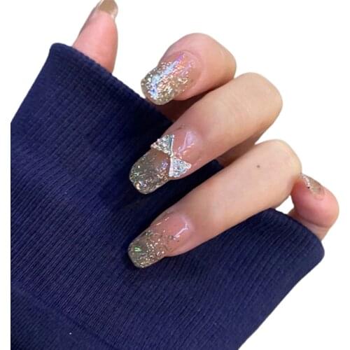 24Pcs/Set Gold Leaf With Diamonds Fake Nails Glue Type Removable Long Paragraph Fashion Manicure DIY Manicure Nail Art Tools