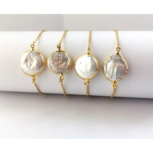 5Pcs Gold Color Metal Plated Natural Fresh Water Pearl Bracelets For Women Adjustable chain bangle Jewelry Gift BG276