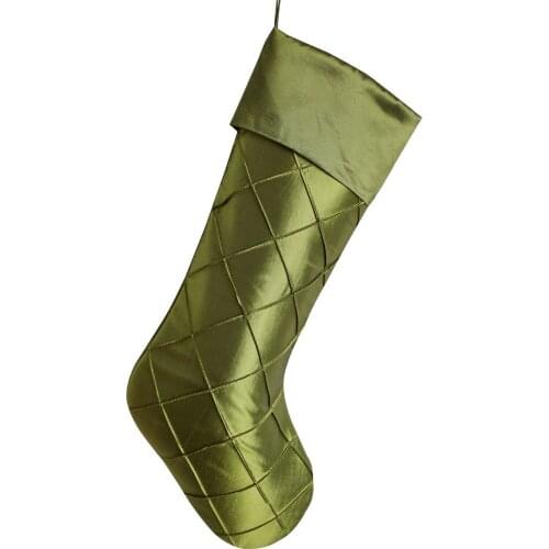Free Shipping 100% Polyester Faux Silk Cuff Diamond Pintuck Body Green Christmas Stocking P2794