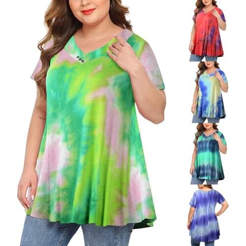 5XL Plus Size Women V Neck Tie Dyed Tops Gradient Short Sleeve Blouse Female Summer Shirts Loose Pullover Pleated T Shirt D30