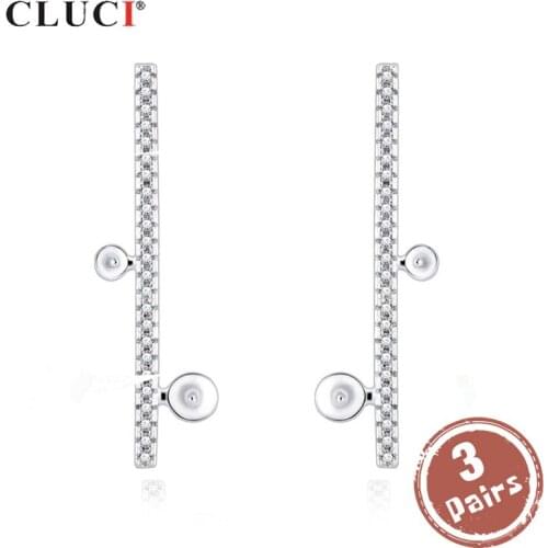 CLUCI 3 pair Women 925 Sterling Silver Rectangle Stud Earring for Party Simple Zircon Pearl Earring Mounting Jewelry SE126SB