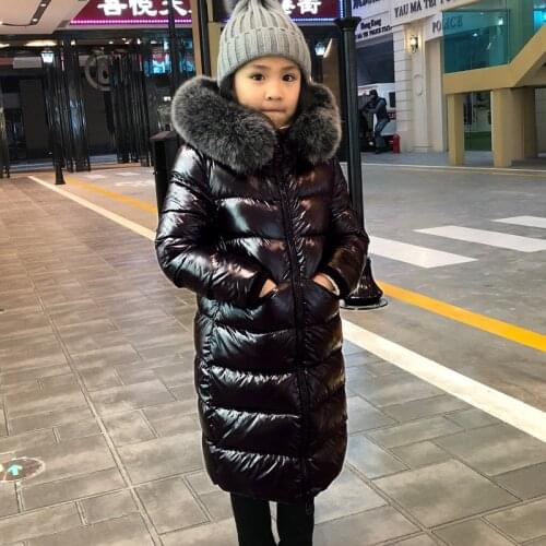 Children Real Fur Colloar Down Jacket For Cold Winter Boys Girls Knee-Length Thick Warm Bright Surface Coats Kids Hooded Parkas