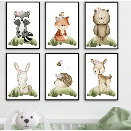 Raccoon Bear Rabbit Hedgehog Flower Bee Cartoon Wall Art Canvas Painting Nordic Posters And Prints Wall Pictures Kids Room Decor