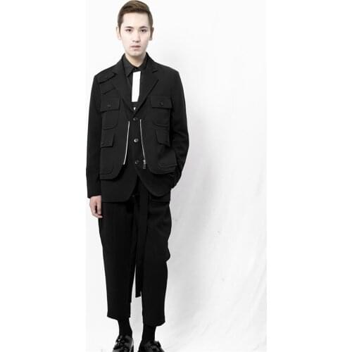 Mens new suit jacket zipper splicing double layer design simple dark lace multi-pocket large coat