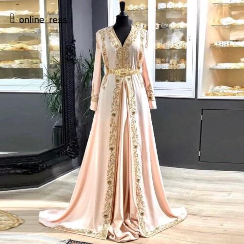 Moroccan Caftan Muslim Evening Dresses 2020 Gold Embroidery Dubai Women Party Formal Gown Belt Plus Size Evening Dress Plus Size