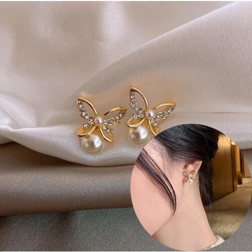 Fashion Gold Color Rhinestones Butterfly Pearl Stud Earring Bling Exquisite Butterfly Earring Best Birthday Gift Jewelry