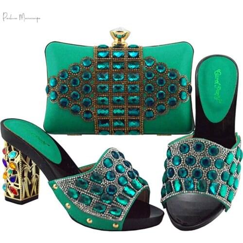 Fashion Rhinestone Women Shoes And Matching Bag Set Italian Style Pumps Shoes And Bag Set For Party Wedding in Teal Green Color