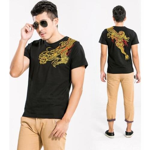 Chinese Style Tattoo Design Dragon T-shirts Mens Summer Casual Embroidered Cotton Short Sleeve T shirt Tops Tees High Quality