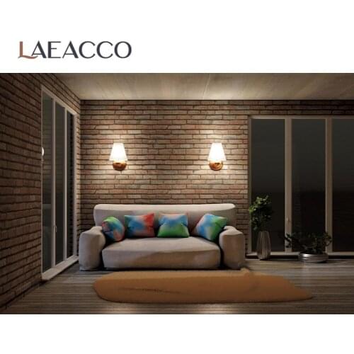 Laeacco Living Room Wall Lamp Brick Wall Sofa Dim Room Scene Photography Backdrop Photographic Background For Photo Studio
