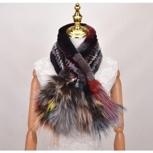 Genuine Real Rex Rabbit Fur Womens Fashion Fur Scarf Scarves Silver Fox Fur Knitted Wraps Multicolor Winter Warm