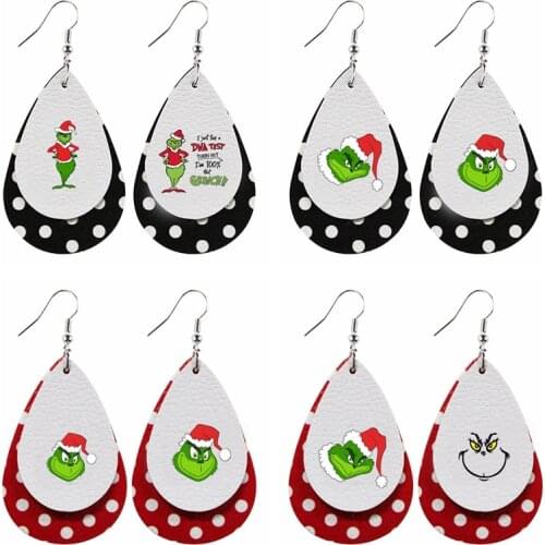 New styleGlitter Christmas Resting Grinch Face Earrings Color Faux Leather Two Layers Thanks Giving Gift Double Print Bulk Order