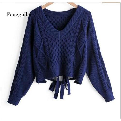 Autumn women short Sweaters Women fashion V-neck Back bow tie Twist Sweater sexy sweater crop tops woman knitted tops