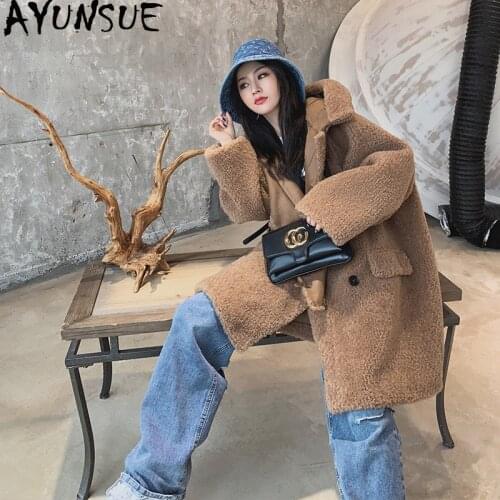 AYUNSUE Sheep Shearling Fur Coat Female Hooded Long Coat 2020 Winter Jacket Women Real Wool Coats Suede Liner Abrigo Mujer MY