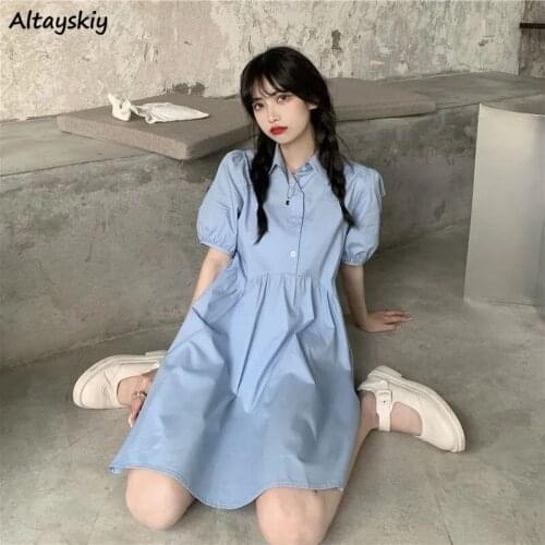 Dress Women Korean Preppy Style Short Sleeve Retros Loose All-match Summer Turn Down Collar Harajuku Solid Friends Streetwear