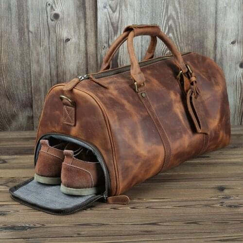 Luxury Pure Handmade Natural Crazy Horse Leather Mens Travel Bags With Shoe Case