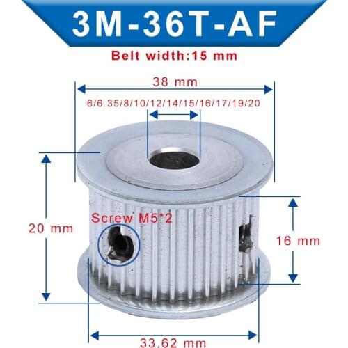 Timing Pulley 3M36T Bore 6/6.35/8/10/12/14/15/16/17/19/20 mm Aluminum Belt Pulley Slot Width 16mm For 3M-Timing belt Width 15mm