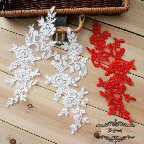 YACKALASI 10 Pairs Wedding Lace Appliqued Flower 3D Floral Wedding Trims Accessories Veil Hair Accessory Red 24.5*9.5cm