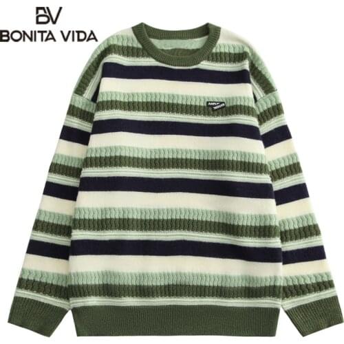 Bonita Vida Harajuku Streetwear Sweaters Stripe Knitted Jumpers Sweater Hip Hop Knitwear Mens Casual Loose Tops Outerwear