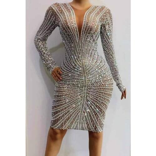 Luxurious Silver White Full Rhinestones Evening Long Sleeves Dress Birthday Celebrate Stage Wear Performance Dancer Singer Show