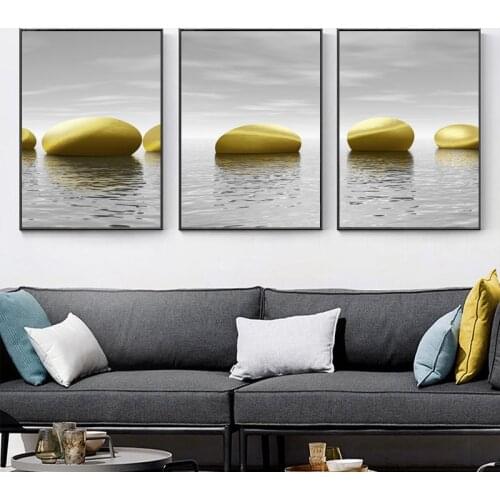 Gorgeous Abstract Glittering Lake Light Luxury Gold Stone Wall Art Posters Mobility Modern Grey Canvas Painting for Home Decor