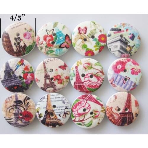 WB0189 Free shipping Paris Tower Printed buttons mixed 100pcs random 20mm wooden buttons for kids clothes