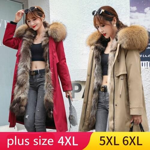 2020 Real Fur Coat Winter Jacket Women Long Parka Big Natural Raccoon Fur Collar Hood Thick Warm Real Fox Fur Liner M~5XL 6XL