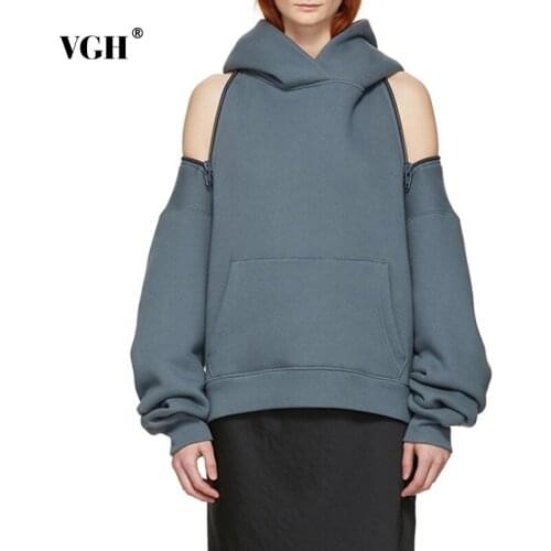 VGH Casual Solid Hollow Out Sweatshirt For Women Hooded Collar Off Shoulder Black Sweatshirts Female Fashion New Clothing Fall