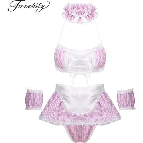 Lolita Cute Cat Girl Sexy Maid Uniform Ruffle Plaid Lingerie Schoolgirl Womens Erotic Cosplay Costumes Anime Underwear Outfit