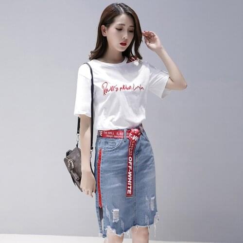 Sexy Strapless T-shirt + Denim Hole Tight Skirt Suit 2019 Women New Summer Fashion Elegant 2 Piece Set Ladies Denim Skirt Suit