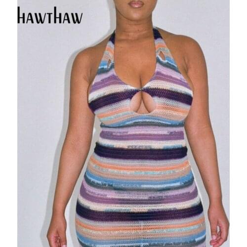 Hawthaw Women Summer Halter Sleevelss Striped Hollow Out V Neck Bodycon Backless Pencil Dress 2021 Female Clothing Streetwear