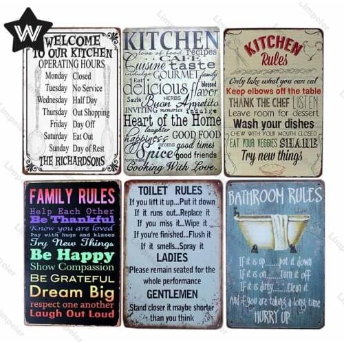Family Rule Metal Tin Sign Vintage Shabby Sticker Metal Poster Tool Rules Metal Poster Tin Plaque for Man Cave Family Club Decor