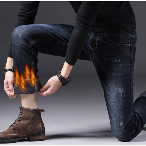 Winter Jeans Men Thicken Fleece Jeans Stretch Slim Straight Dark Blue Denim Warm Jeans For Men Fashion Designer Brand Long Pants