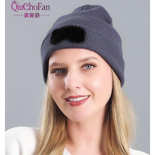Winter Beanie Hat For Women Girl 's Skullies Beanies With Mink fur Decoration Glittering Silk Knitted Hat