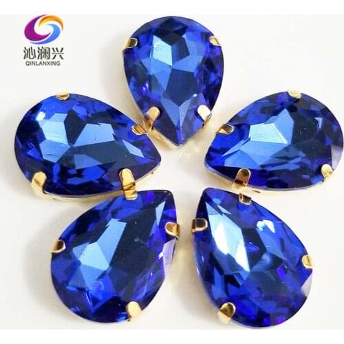 Golden bottom Light blue DR shape High quality AAA Glass Crystal sew on claw rhinestones,Diy/Clothing accessories SWSG11