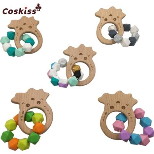 5pc Silicone Teething Ring Infant Baby Bracelet Beaded Bangle Silicone Teether Octopus Beech Wood Teether Ring Toy Kids Chew Toy