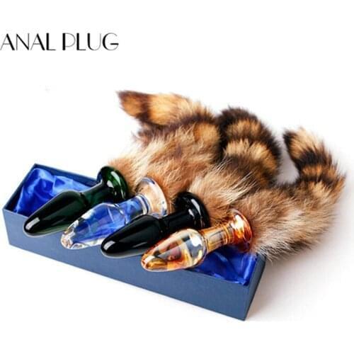 ANAL PLUG Glass Anal Plugs Fox Tail Headed Pyrex Glass Dildo Crystal Fake Penis Women Men Masturation Tools Anal Butt Plugs