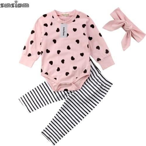 3PCS Newborn Baby Girl Clothes sets Long Sleeve Printed Bodysuit Striped Pants Headband Outfit Baby Autumn Winter Clothing