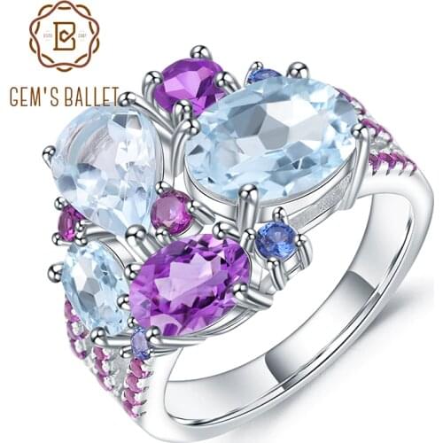GEMS BALLET Natural Sky Blue Topaz Amethyst Rings Fine Jewelry 925 Sterling Silver Gemstone Candy Ring for Women Bijoux