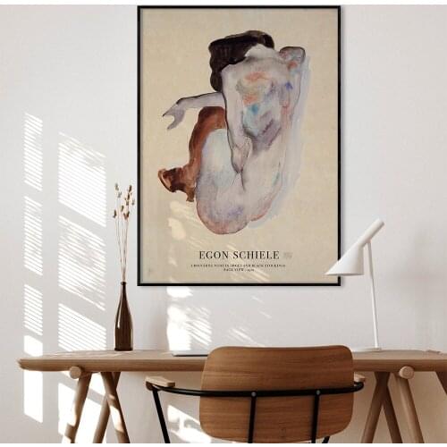 Egon Schiele Print Crouching Nude in Shoes and Black Stockings Exhibition Poster Sketch Female Line Art Canvas Painting Decor