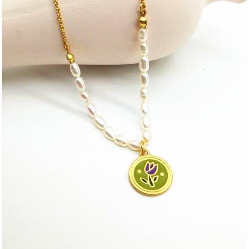 European and American clavicle chain freshwater pearl pendant simple necklace retro enamel color tulip bamboo necklace female