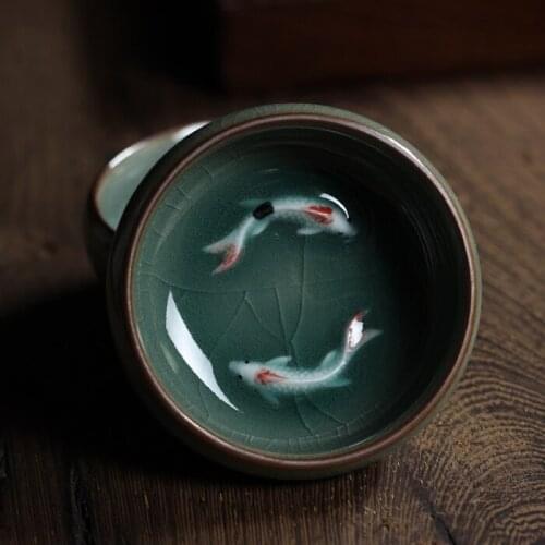 2Pcs/3Pcs Porcelain cup Chinese Longquan Celadon Teacups Bowl China Celadon Crackle Teacup cups Golden Fish teaset tea set sets