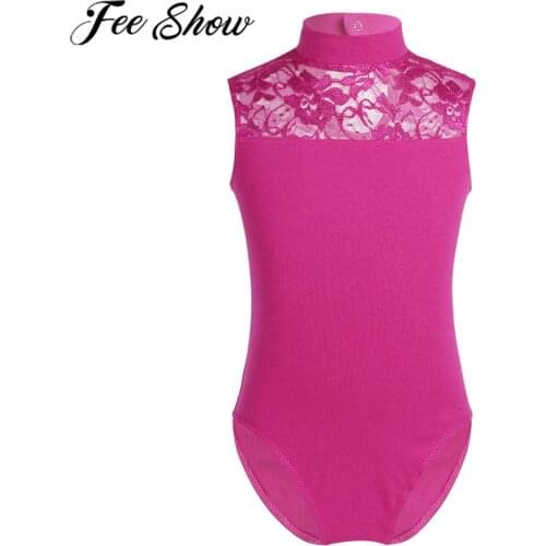 FEESHOW Kids Girls Ballet Leotard Dress Sleeveless Lace Turtleneck Open Back Leotard Ballerina Dance Gymnastics Leotard Costume