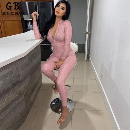 Gothblack Sexy Low Cut Colorful High Waist Bodycon Casual Sports Fitness Jumpsuit Polo Collar Long Sleeve Skinny Sexy Club