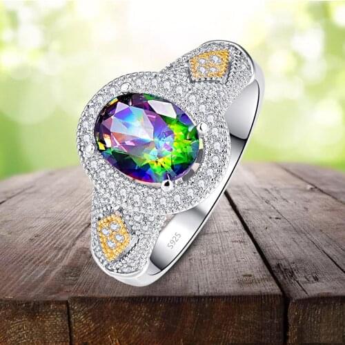 J.C Oval Cut Mystic Rainbow & White Topaz 925 Sterling Silver Gold Ring Size 6 7 8 9 Women Cocktail Party Jewelry Gift